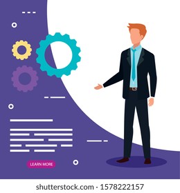 businessman elegant with gears avatar character vector illustration design