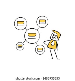 businessman and email network stick figure theme