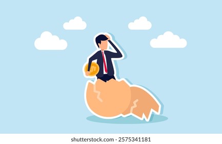 A businessman emerges from an eggshell holding a dollar coin, illustration of recruiting employees who can boost revenue and financial stability of the company