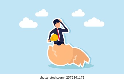 A businessman emerges from an eggshell holding a lit lamp, illustration of recruiting employees who can bring new ideas to business