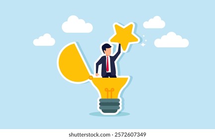 A businessman emerges from a lit lamp holding a star, illustration of creativity in generating business ideas and innovations aimed at improving business quality