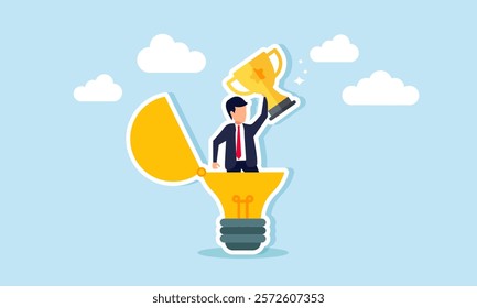 A businessman emerges from a lit lamp holding a trophy, illustration of creativity in generating business ideas and innovations aimed at becoming a leading company