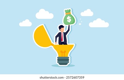 A businessman emerges from a lit lamp holding a sack of money, illustration of creativity in generating business ideas and innovations aimed at increasing profit and revenue