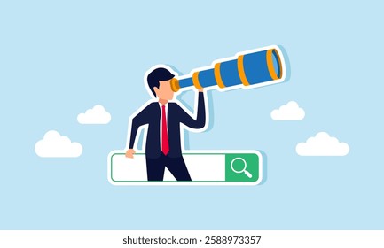 A businessman emerges from a search engine, observing through a telescope, illustration of evaluating and analyzing SEO performance in business optimization