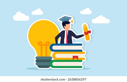 Businessman emerging from behind book and light bulb wear graduation cap and hold ribbon paper document illustration of successful research in define business innovation ideas