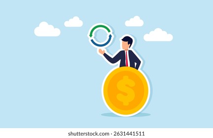 Empresário emergindo atrás da moeda de dólar mostrando ícone contínuo ilustração da circulação de fluxo de caixa da empresa