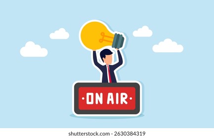 Empresário emergindo por trás de um sinal no ar segurando uma ilustração de lâmpada de transmissão ao vivo entregando motivação e ideias de negócios inspiradoras