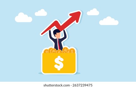 Businessman emerging from box full of dollar coins holding rising chart illustration of increase in profit revenue and company valuation