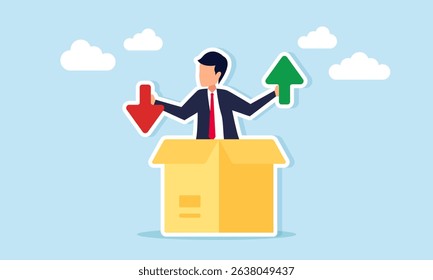 Businessman emerging from a box holding up and down arrows illustration of business performance fluctuation in the logistics sector