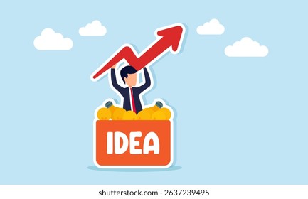 Businessman emerging from box labeled IDEA full of many lamps holding rising chart illustration of many ideas and business innovation improving business performance