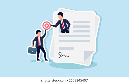 A businessman emerging from a contract paper receives a target board from another businessman, illustration of assigning business targets to a new employee