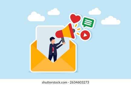 Empresário saindo de envelope segurando um megafone com ícones de mídias sociais ilustração de transmissão de informações sobre a campanha de mídias sociais