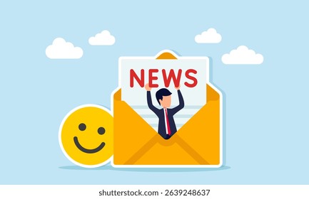 Businessman emerging from envelope near happy emoticon holding NEWS text illustration of news about business progress receiving positive response