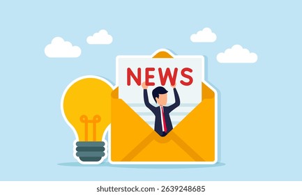 Businessman emerging from envelope near light bulb holding NEWS text illustration of inspirational news related to business idea