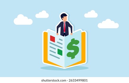 Empresário saindo de um guia com um símbolo de dólar ilustrando as diretrizes para fazer investimentos empresariais