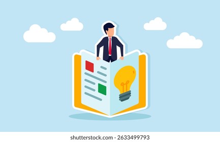 Empresário emergindo de um guia com um símbolo de lâmpada ilustração de diretrizes para aplicar ideias de negócios