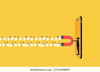 Hombre de negocios que emerge de una Grande pantalla de teléfono inteligente, sosteniendo un imán para atraer una corriente de bombillas. concepto de innovación, nuevas ideas, oportunidad y éxito