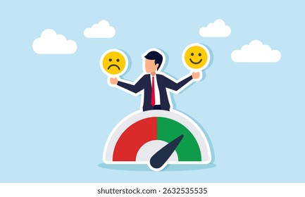 Empresário emergindo do indicador de nível de desempenho segurando emoticons felizes e tristes que ilustram a confusão na determinação dos resultados da revisão de produtos empresariais