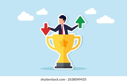 Businessman emerging from a trophy holding up and down arrows illustration of business performance fluctuation as a leading company
