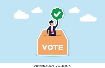 Empresário saindo da caixa de votação segurando a ilustração da marca de verificação de votação e resultados da validação