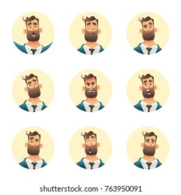 Businessman emotion collection. Man avatar set. Cartoon style illustration