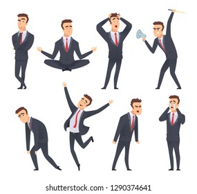 Businessman emotions. Angry kind sweet smiling happy satisfied different faces and poses of office managers vector characters