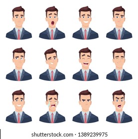 Businessman emotions. Male characters with various face emotions sadness joy hate laughter anger smile fear vector pictures