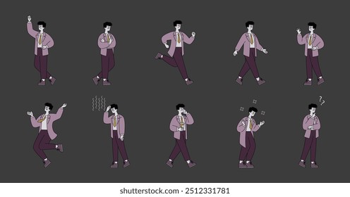 Businessman Emotions Set. A diverse range of moods and activities from a professional's day. From energetic to pensive. Vector illustration.