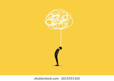 Businessman employee with anxiety busy line over his head. concept of Stress at work, exhausted from overworked and too many problems or frustrated and paranoia office worker