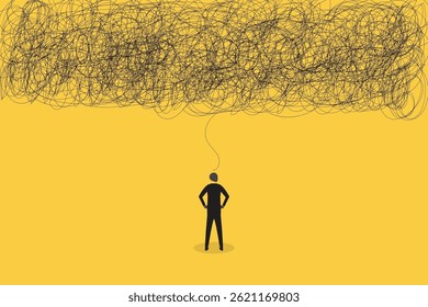 Businessman employee with anxiety busy line over his head. concept of Stress at work, exhausted from overworked and too many problems or frustrated and paranoia office worker