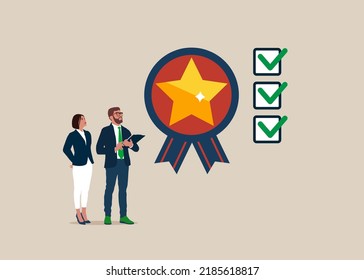 Businessman with employee check quality with passed checklist. Quality Control to check quality and giving certified or approval, process to assure excellence product and service delivery, guarantee. 