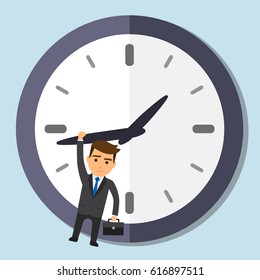 Businessman or employee hanging on a clock. Lack of time concept. Vector illustration