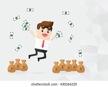 businessman or employee jumping and throw up money