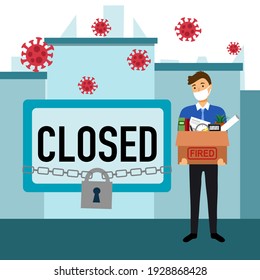 Businessman employee leaving job due to business close during covid19 Coronavirus pandemic crisis. Company staff in medical face mask holding stuff with virus cells on city background. Fired worker.