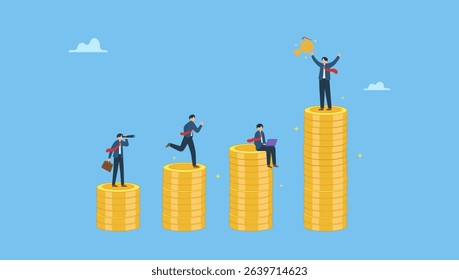 Businessman or employee on growing money coins as salary or wages payment. Employee income or career development, salary or wages, job performance pay, motivation to career growth.