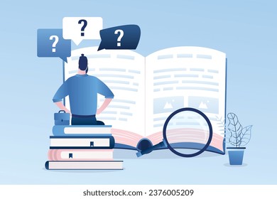 Empresario o empleado sentado en una pila de libros. Carácter masculino leyendo manual de usuario abierto o guía. El cliente con muchas preguntas necesita ayuda. Concepto de FAQ, banner web. Ilustración vectorial plana