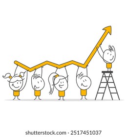 Businessman and employee team help rising arrow graph grow. Growth strategy, teamwork to increase business success, teamwork to develop or improve work efficiency.