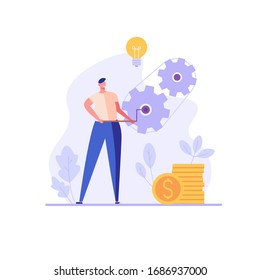 Businessman or employee twists gears of business. Business hard work. Concept of career success, office work, beginner.  Vector illustration in flat design for UI, web banner, mobile app