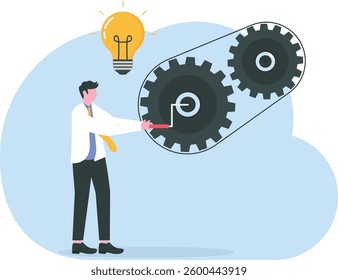 Businessman or employee twists gears of business. Business hard work. Concept of career success, office work, beginner. Vector illustration in flat design for UI, web banner, mobile app

