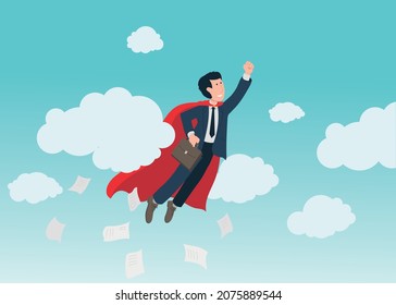
businessman or employee who flies in the sky like a super hero with his cape because he has succeeded in business or because he is progressing in his career