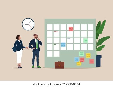 Businessman and employee woman plans his schedule and appointments for the month. Time management and optimization, planning. Big calendar. Vector illustration