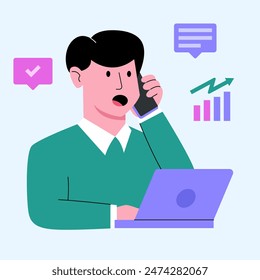 Businessman Employee Worker Calling Call with Smartphone Graphic Chart Statistic Analytic - Success Leader Man Communication
