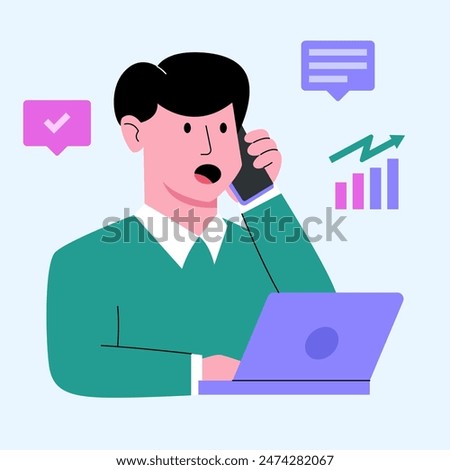 Businessman Employee Worker Calling Call with Smartphone Graphic Chart Statistic Analytic - Success Leader Man Communication
