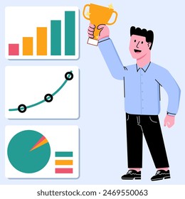 Businessman Employee Worker Hold Winner Trophy with Good Graphic Chart Statistic Analytic - Success Leader Man Run Business Work Job
