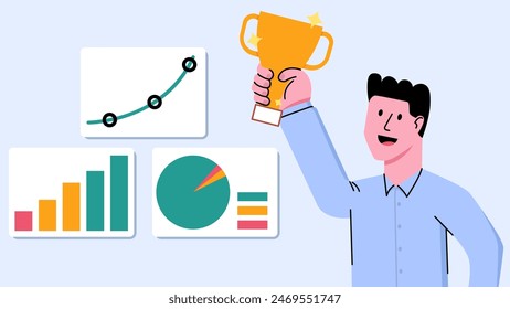 Empleado Empresario Empleado Mantiene Ganador Trofeo con Buen Gráfico Gráfico Estadística Analítica - Líder de Éxito Hombre Ejecutar Trabajo de Negocios
