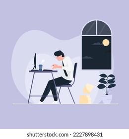 Businessman, the employee working hard and working overtime during the deadline, Working until midnight. Freelancers work in front of computers late at night while having coffee.