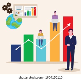businessman employees with laptops and business chart report, people working vector illustration