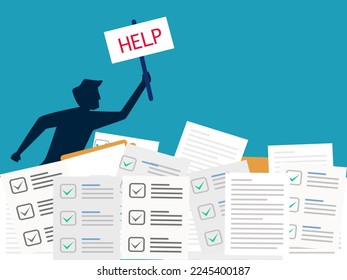 Businessman employees in paperwork need help. Hard work and busy concept