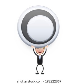 Businessman with empty button over white background.