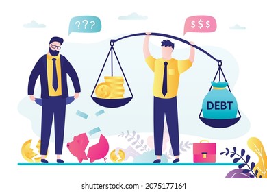 Businessman with empty pockets, bankrupt not have enough money to pay off debts. Tax inspector or banker holds scales with coins and debts. Lack of funds to pay. Financial crisis. Vector illustration